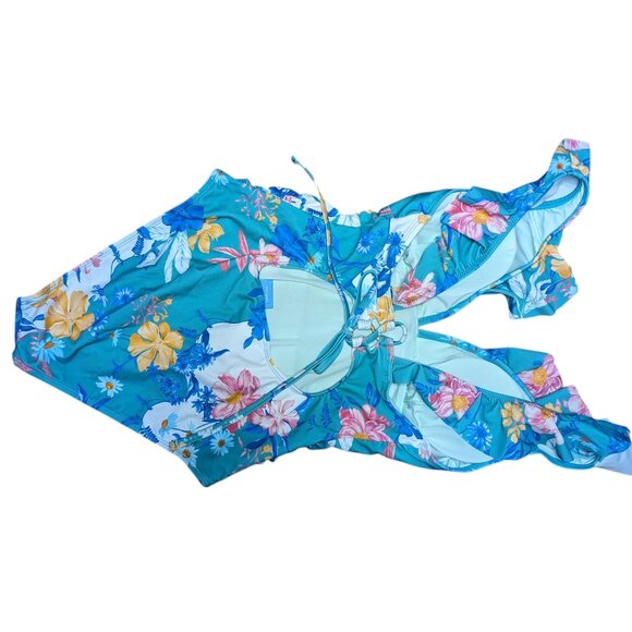 NWT Cupshe Women One Piece Swimsuit Large Multicolor Floral Tropical Ruffle Teal - Picture 3 of 4